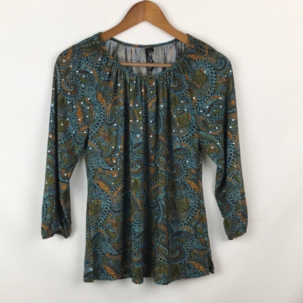 CATHY Stretch Knit Blouse Sequin Pullover Paisley